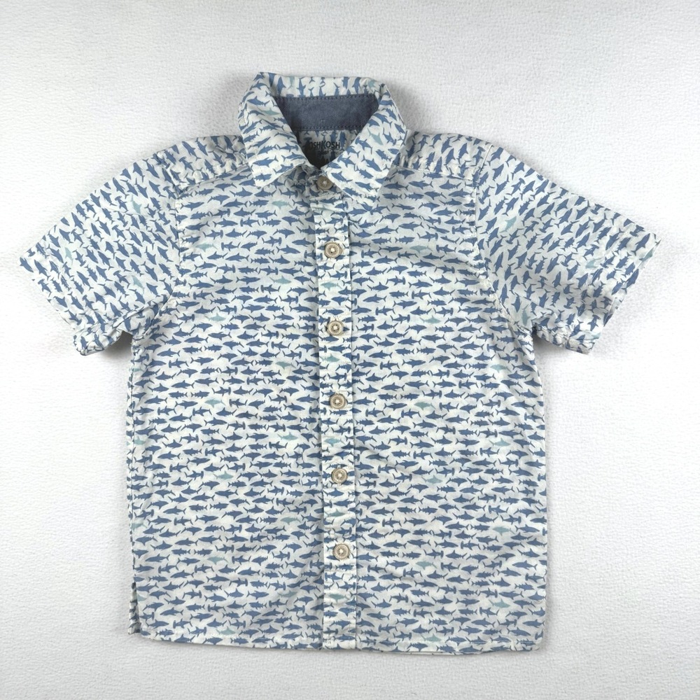 OshKosh Boys 2T Shark Print Button Down Shirt Blue White Short Sleeve Cotton